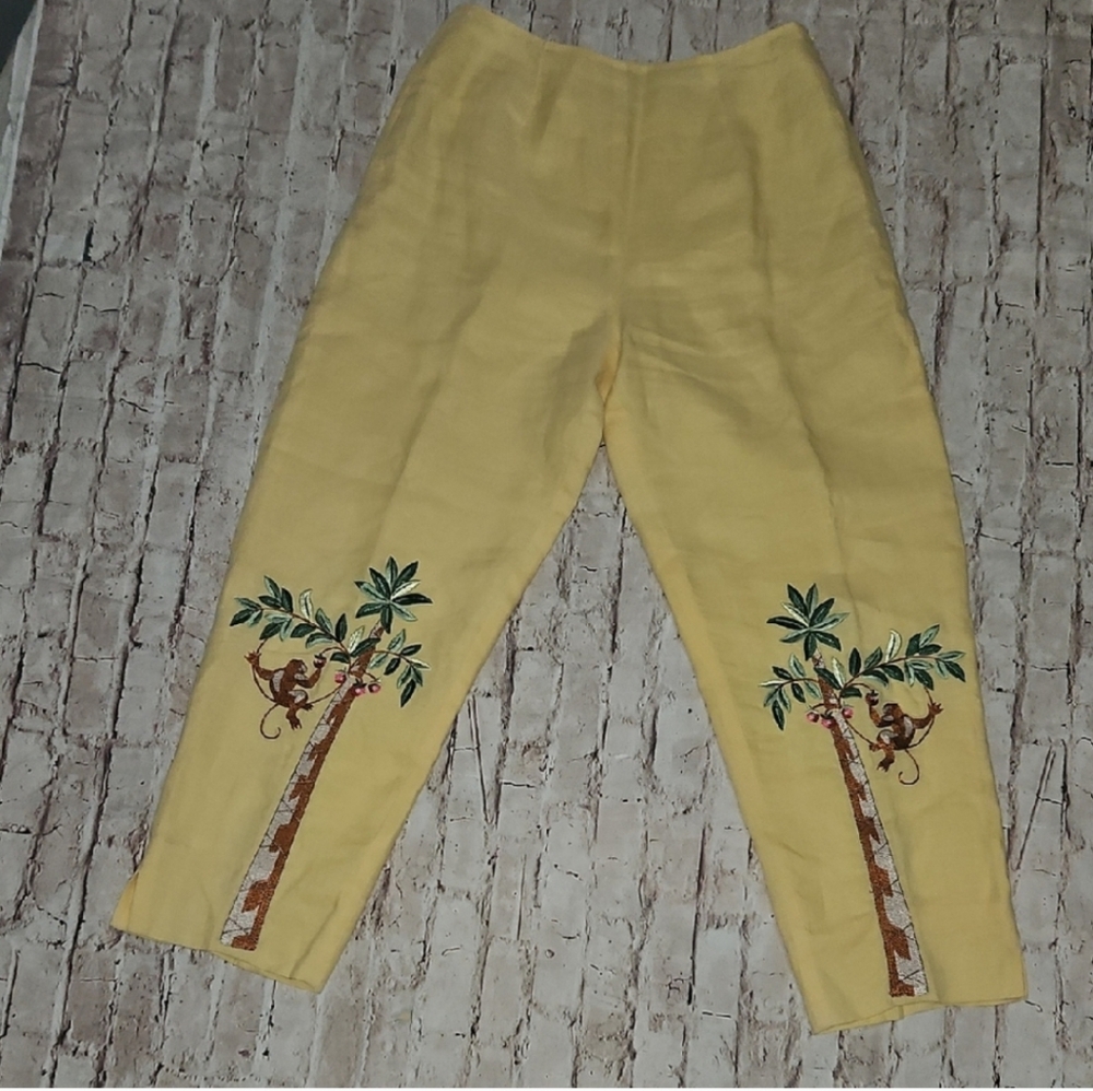 CJ Laing 100% linen pants size 4 yellow monkey ‎palm